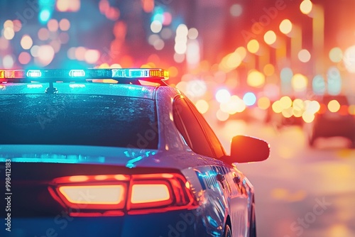 Police car flashing lights in the city street at night. Generative Ai