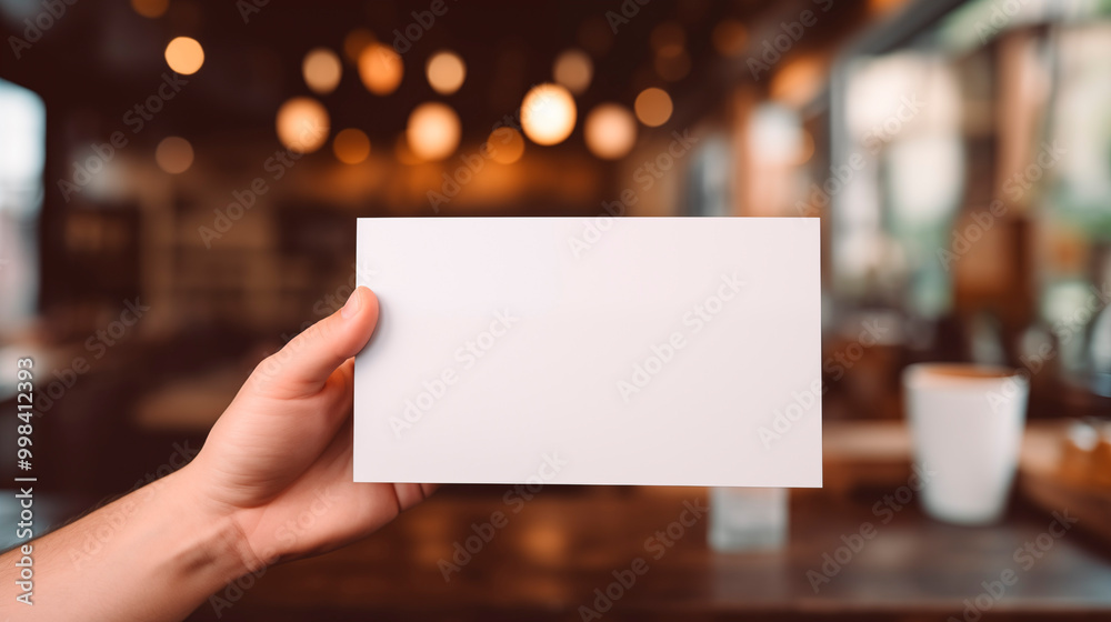 Hand displaying blank card mockup in cafe with warm lighting, ai generated Hand displaying blank card mockup in cafe with warm lighting, ai generated