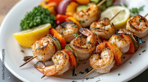 A plate of grilled shrimp skewers with a side of fresh vegetables and a lemon wedge for garnish.