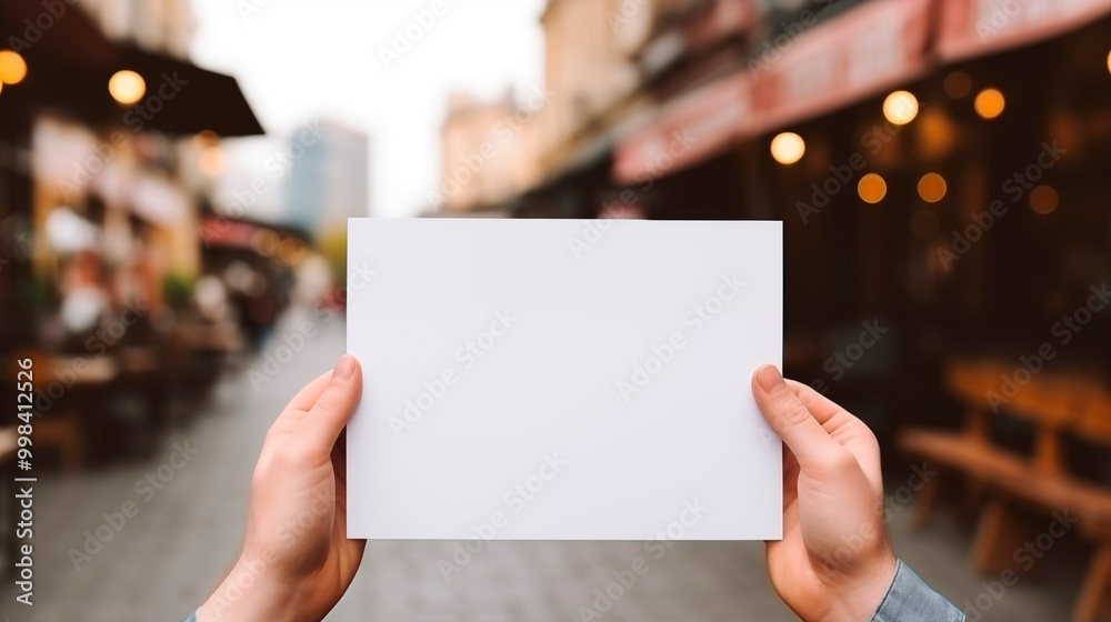 Two hands hold blank card mockup against bustling street scene, ai generated Two hands hold blank card mockup against bustling street scene, ai generated