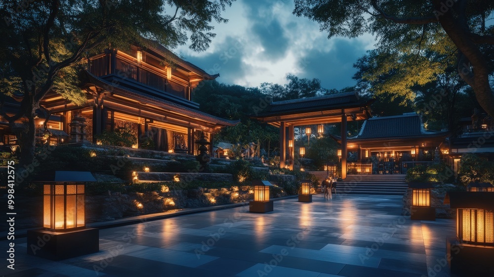 The most beautiful temple in the world during twilight, with its illuminated lanterns casting a warm glow over the serene grounds The most beautiful temple in the world during twilight, with its illuminated lanterns casting a warm glow over the serene grounds