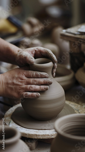  Artisan Pottery Crafting Hands Shaping Clay Vase on Pottery Wheel in Workshop