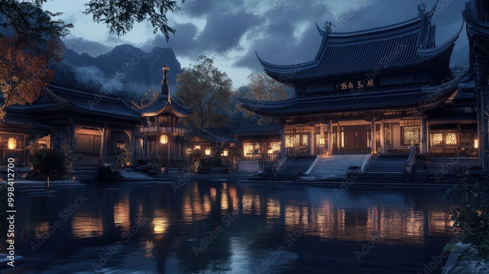 The most beautiful temple in the world during twilight, with its illuminated lanterns casting a warm glow over the serene grounds The most beautiful temple in the world during twilight, with its illuminated lanterns casting a warm glow over the serene grounds