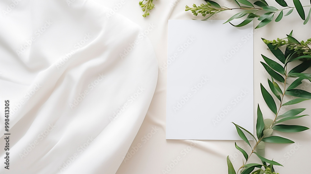 Clean white paper mockup on smooth white fabric accentuated by green leaves, ai generated Clean white paper mockup on smooth white fabric accentuated by green leaves, ai generated