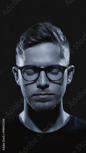  Contemplative Young Man Portrait with Glasses in Dramatic Blue Lighting