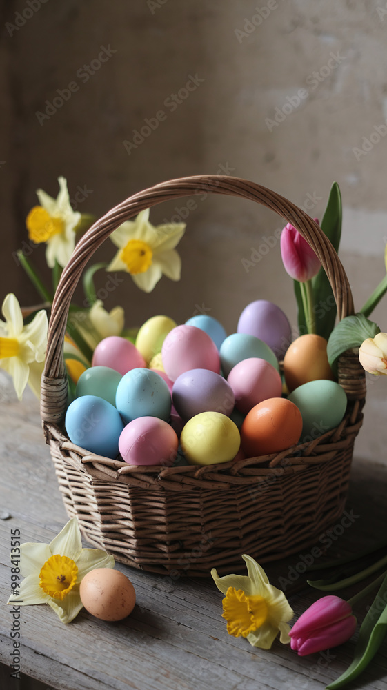 Vibrant Pastel Easter Eggs in Wicker Basket with Spring Flowers on Rustic Table Vibrant Pastel Easter Eggs in Wicker Basket with Spring Flowers on Rustic Table