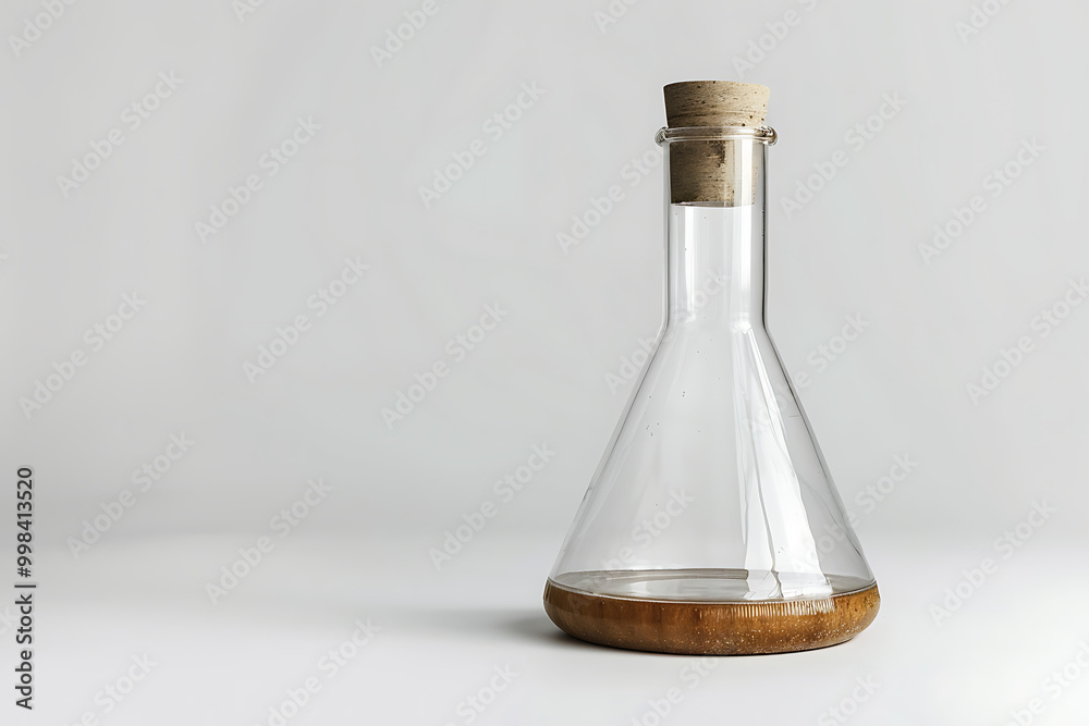 A clear laboratory flask with a wide base and narrow neck, ideal for mixing and measuring liquids in scientific applications, Beaker On White Background. Laboratory Chemistry Concept with Water. A clear laboratory flask with a wide base and narrow neck, ideal for mixing and measuring liquids in scientific applications, Beaker On White Background. Laboratory Chemistry Concept with Water.