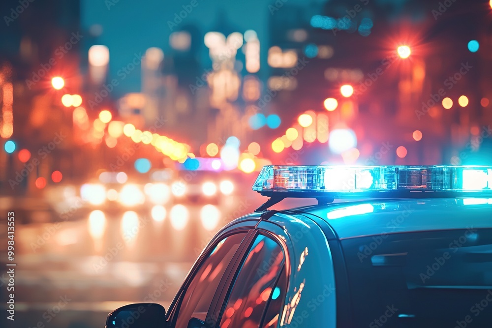 Police car flashing lights in the city street at night. Generative Ai Police car flashing lights in the city street at night. Generative Ai