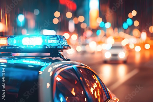 Police car flashing lights in the city street at night. Generative Ai