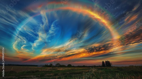 Magnificent Rainbow over Serene Countryside Landscape during Dramatic Sunset