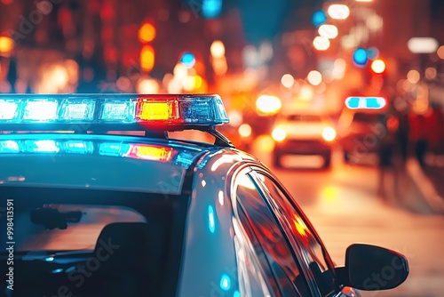 Police car flashing lights in the city street at night. Generative Ai