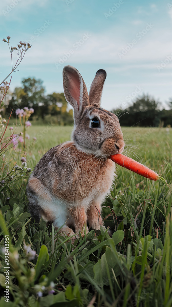 Fototapeta premium Adorable Rabbit Holding Carrot in Lush Green Field with Clear Blue Sky