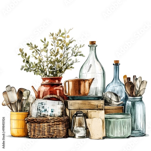 Rustic Yard Sale Showcasing Eclectic Vintage Treasures and Promotional Banner in Sketch Style