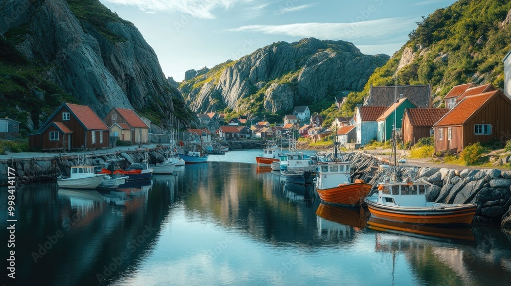 Φωτογραφία A quiet fishing village with colorful boats anchored in a calm bay, surrounded by green hills and cliffs