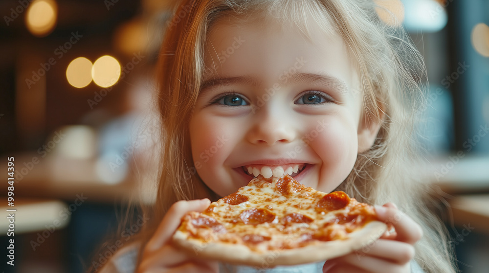 Close-up to a smiling happy little girl eating pizza in pizzeria Close-up to a smiling happy little girl eating pizza in pizzeria