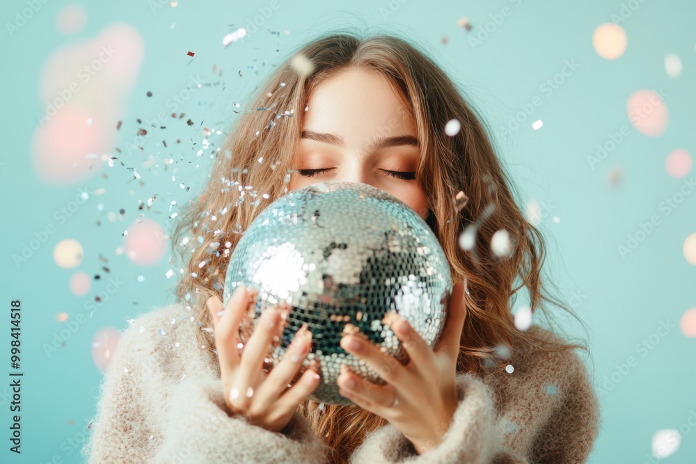 Naklejka premium Woman holding disco ball with confetti falling in celebration