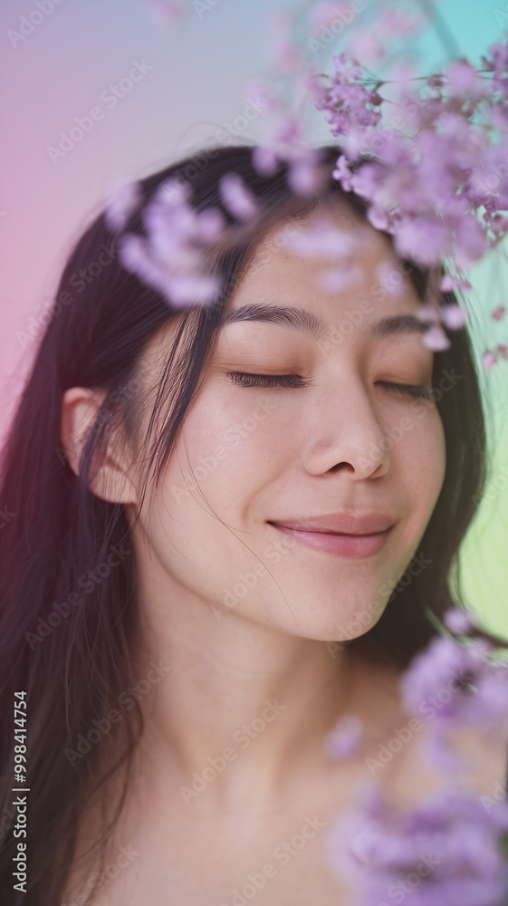 Serene Woman with Eyes Closed Surrounded by Purple Flowers on Pastel Background Serene Woman with Eyes Closed Surrounded by Purple Flowers on Pastel Background