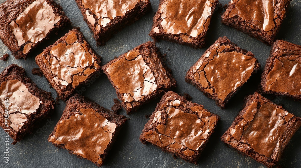 Close-up shot of freshly baked chocolate brownies on a dark surface. Close-up shot of freshly baked chocolate brownies on a dark surface.