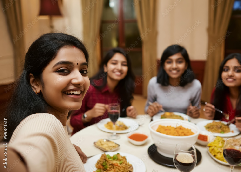 Happy Indian friends taking a selfie at a dining table.