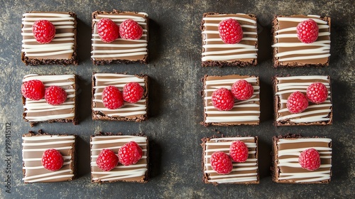 Closeup of four chocolate brownies topped with fresh raspberries and powdered sugar. photo