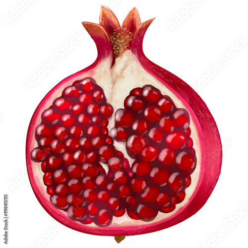 Realistic watercolor drawing of a pomegranate. Cut pomegranate. Vector illustration