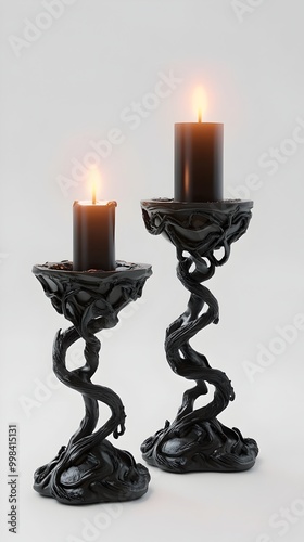 Spooky Candle Holders with Flickering Flames and Dramatic Shadows on Minimalist White Background