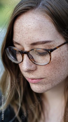  Thoughtful Young Woman with Freckles and Glasses in Natural Setting