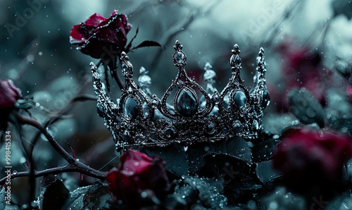 Dark dramatic crown with flowers and fabric.