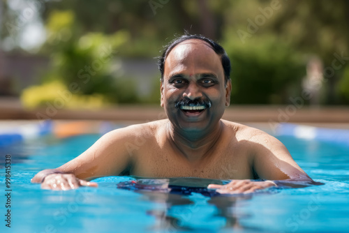 Happy indian mature man in the pool