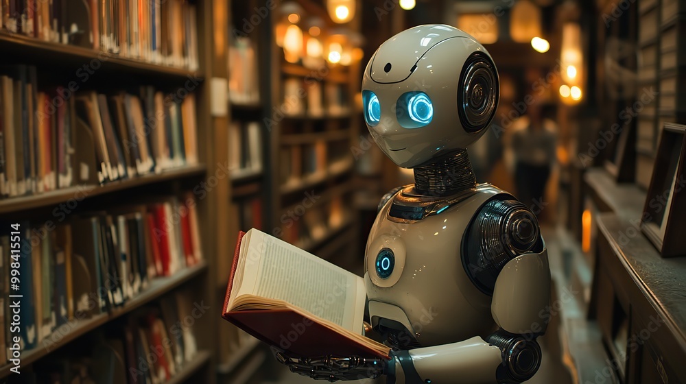 A robot explores new knowledge by reading in a library, representing AI's impact on learning and innovation. A robot explores new knowledge by reading in a library, representing AI's impact on learning and innovation.