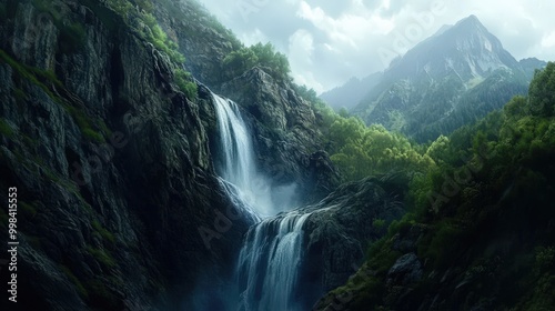 The sight of a waterfall cascading from high mountain cliffs is both majestic and serene.