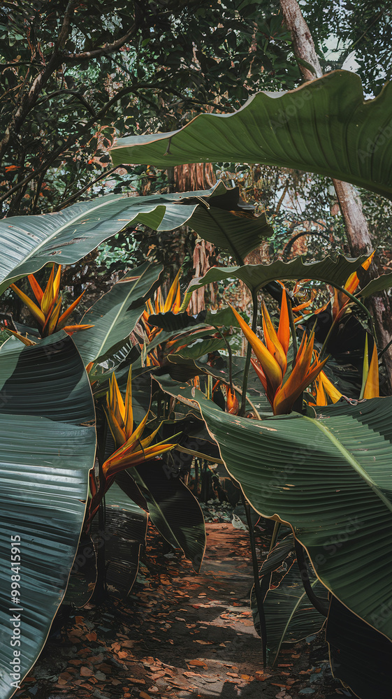 Lush Tropical Jungle Path with Vibrant Orange and Green Heliconia Flowers Lush Tropical Jungle Path with Vibrant Orange and Green Heliconia Flowers