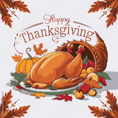 Happy Thanksgiving Roasted Turkey, Autumn Harvest, and Festive Feast Illustration