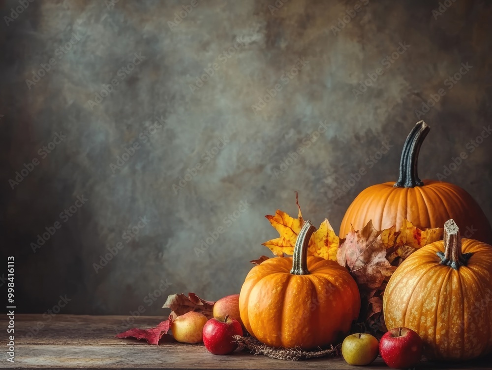 Autumn harvest still life with pumpkins and apples on the table space for text