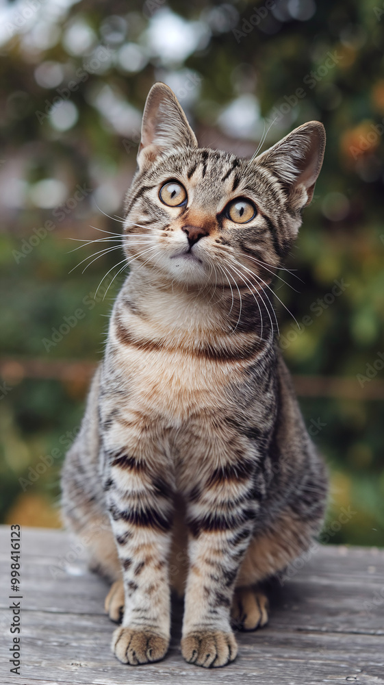 Curious Tabby Kitten with Striped Fur Sitting Outdoors on Wooden Surface Curious Tabby Kitten with Striped Fur Sitting Outdoors on Wooden Surface