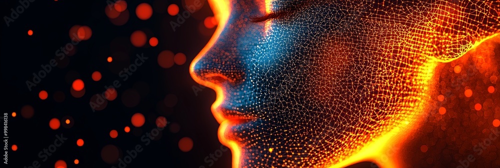 A digital face with glowing neon patterns and intense red linings in profile view, depicting energy and creativity through futuristic illustration techniques in abstract style. A digital face with glowing neon patterns and intense red linings in profile view, depicting energy and creativity through futuristic illustration techniques in abstract style.