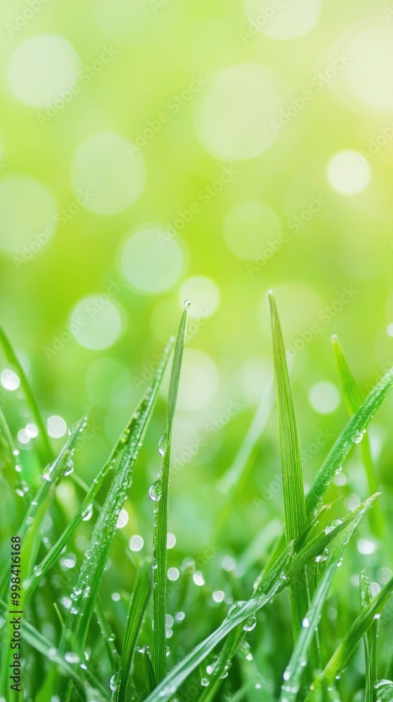 Fototapeta premium closeup of green grass with dew drops with bright sunny bokeh background