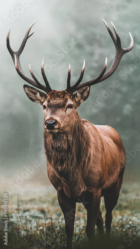 Wallpaper Mural  Majestic Red Deer Standing in Misty Forest Clearing with Vibrant Antlers Torontodigital.ca