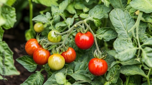 The tomato plant stands out in a garden with its vibrant green leaves and clusters of red fruit.