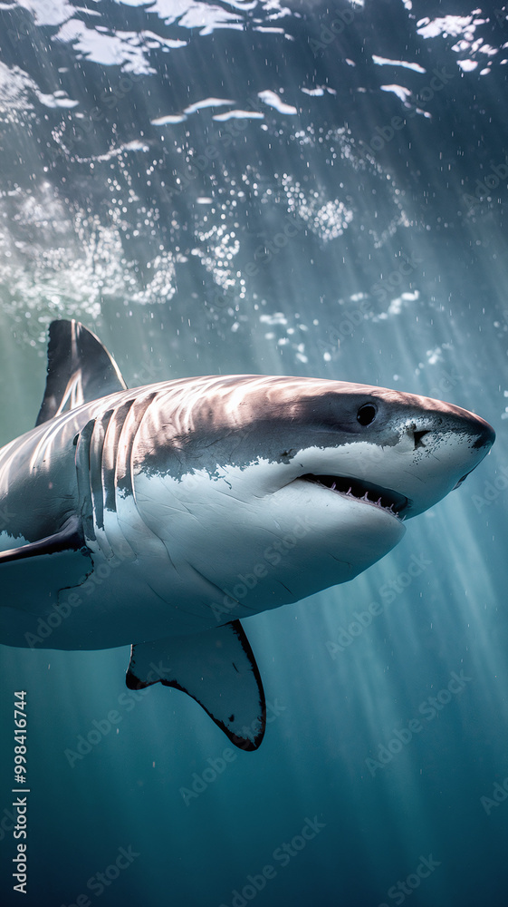 Naklejka premium Majestic Great White Shark Swimming Gracefully in Sunlit Ocean Waters