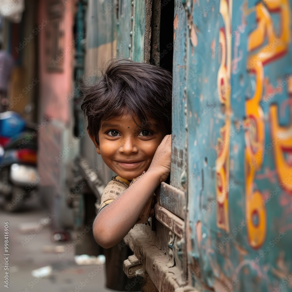 Naklejka premium Indian happy kid trying to hide behind truck