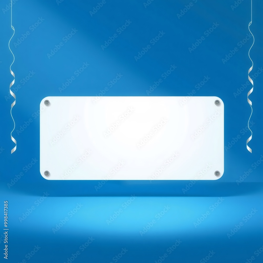 Blue background with white sign, ribbon, and copy space. Blue background with white sign, ribbon, and copy space.