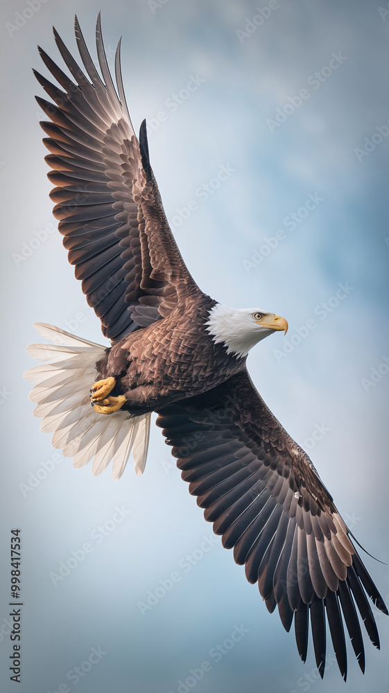 Majestic Bald Eagle Soaring Against Clear Blue Sky in Mid-Flight Majestic Bald Eagle Soaring Against Clear Blue Sky in Mid-Flight