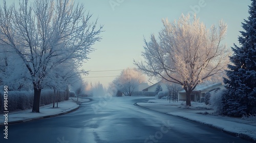 Generative AI Image of Tree on Residential Roadway at Frosty Morning Winter Snow Season Wallpaper