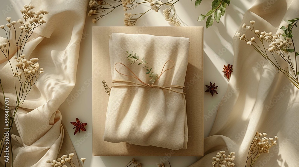 Gift wrapped in beige fabric with eucalyptus and twine accents mockup, ai generated Gift wrapped in beige fabric with eucalyptus and twine accents mockup, ai generated
