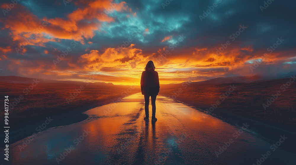 A silhouette of a person stands on a reflective surface, gazing at a vibrant sunset with dramatic clouds and warm colors illuminating the sky. A silhouette of a person stands on a reflective surface, gazing at a vibrant sunset with dramatic clouds and warm colors illuminating the sky.