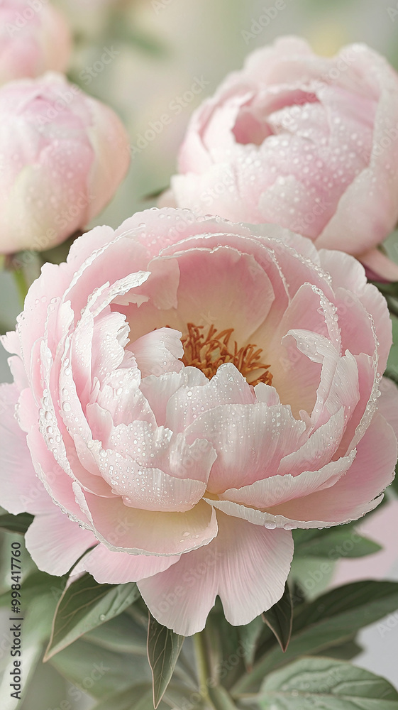 Delicate Pink Peony Bloom With Dew Drops in Soft Focus Pastel Background Delicate Pink Peony Bloom With Dew Drops in Soft Focus Pastel Background