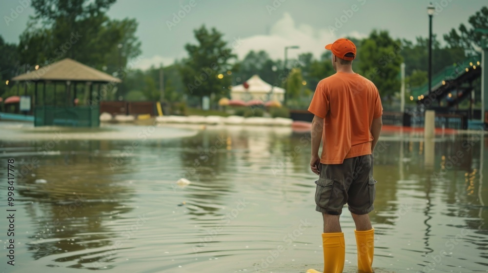 A man in an orange shirt stands in a flooded area A man in an orange shirt stands in a flooded area