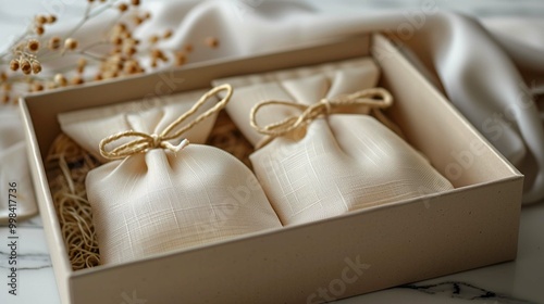 Two beige drawstring bags mockup neatly arranged in kraft gift box tied twine, ai generated