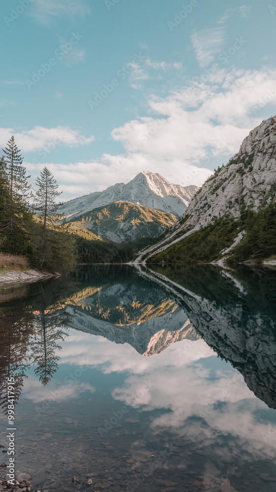 Fototapeta premium Majestic Mountain Reflections on Serene Alpine Lake Under Blue Sky